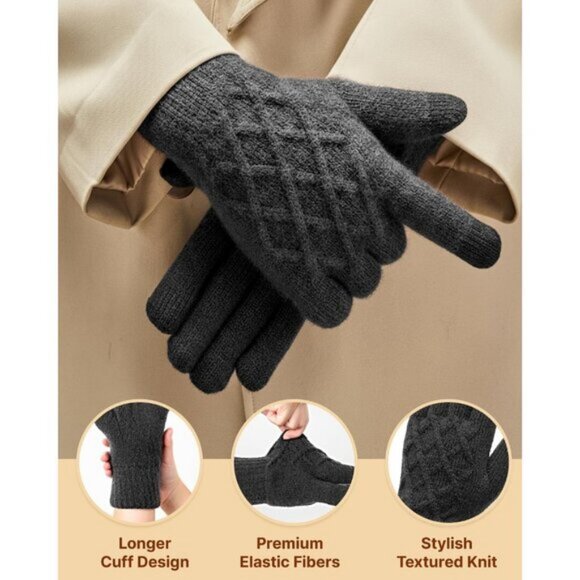 ⚡Women Grey Winter Warm Touchscreen Texting Knit Thermal Wool Lining Gloves - Picture 2 of 7